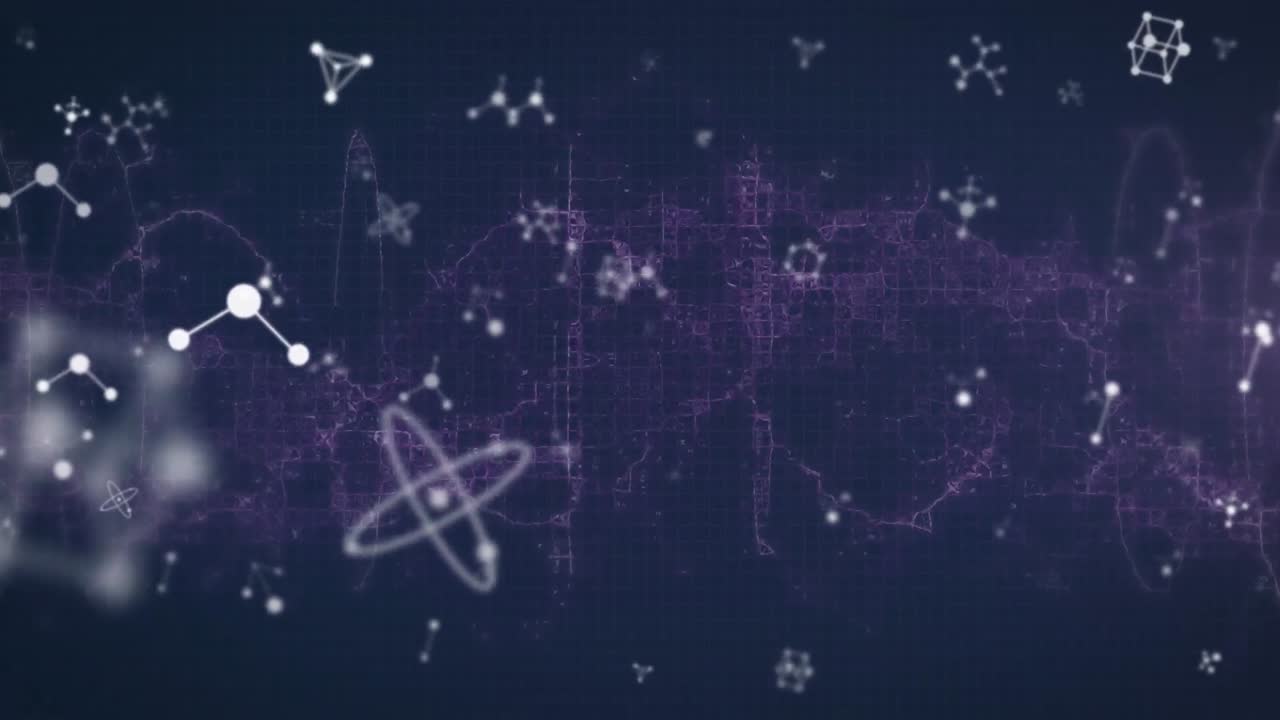 파란색 배경의 디지털 파도에 대해 떠다니는 분자 구조와 떨어지는 별