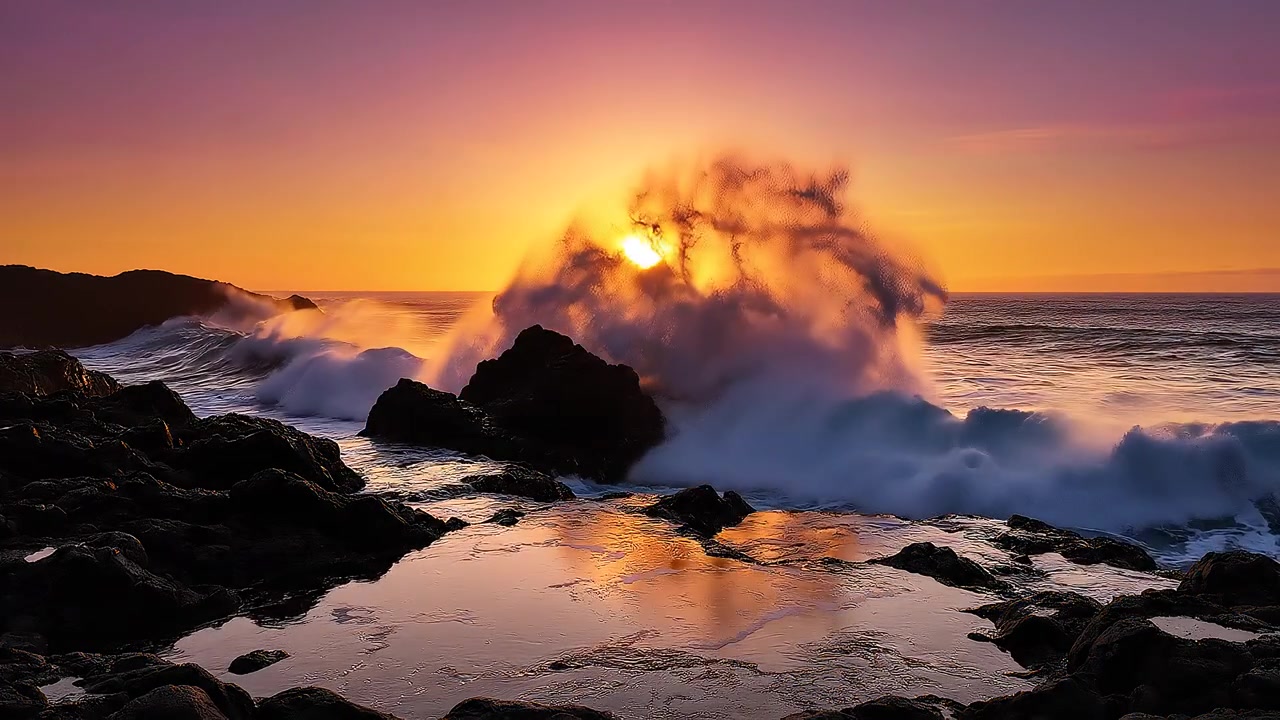 Tramonto drammatico sull'oceano con onde che si infrangono sulla costa rocciosa