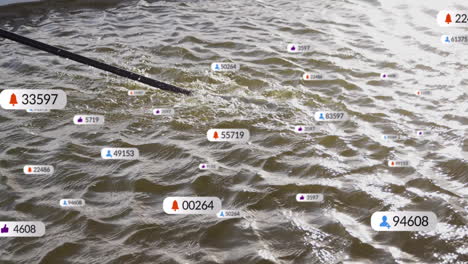 animation of social media notifications over our of rowing boat in river