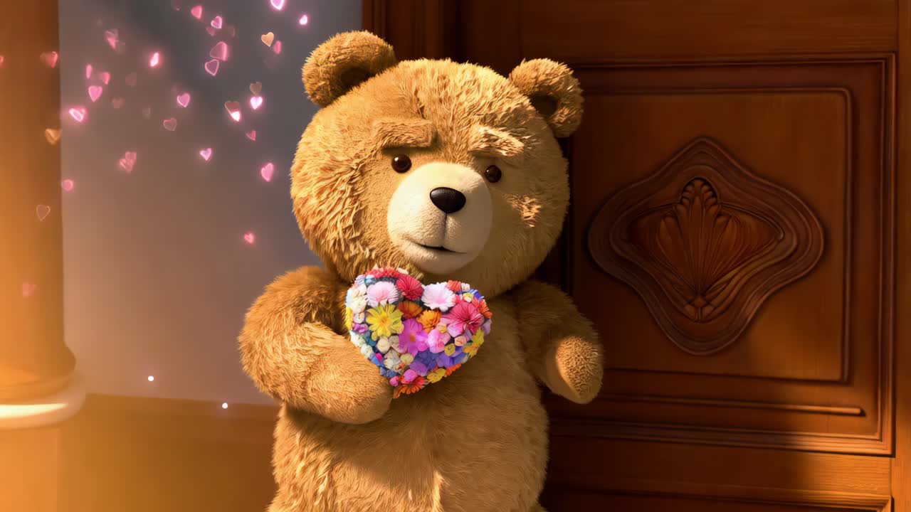 심장 모양의 꽃줄이 있는 테디 베어