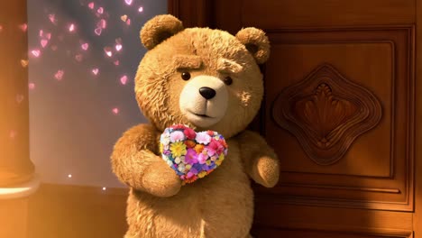 oso de peluche con un ramo de flores en forma de corazón