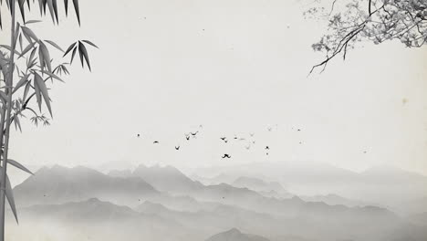 Chinas-Traditionelle,-Chinesische-Tuschemalerei-In-Den-Bergen-Mit-Blumen,-Bäumen,-Vögeln-Und-Einem-Fluss-Im-Nebel-Als-Hintergrundbild