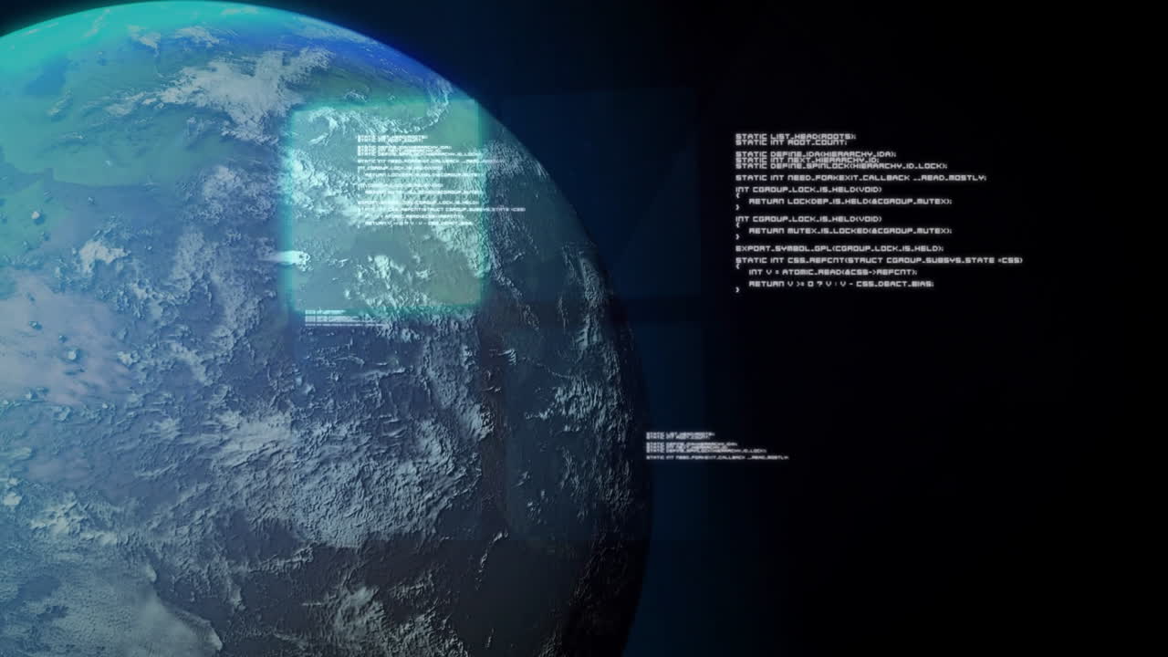 Digital animation of Earth with coding overlay on dark background