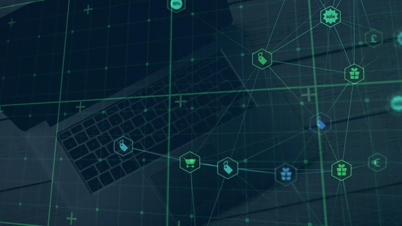 노트북과 그리드 위의 아이콘으로 연결된 네트워크의 애니메이션