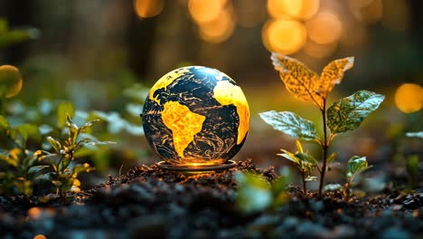 glowing globe of earth surrounded by vibrant green plants in nature