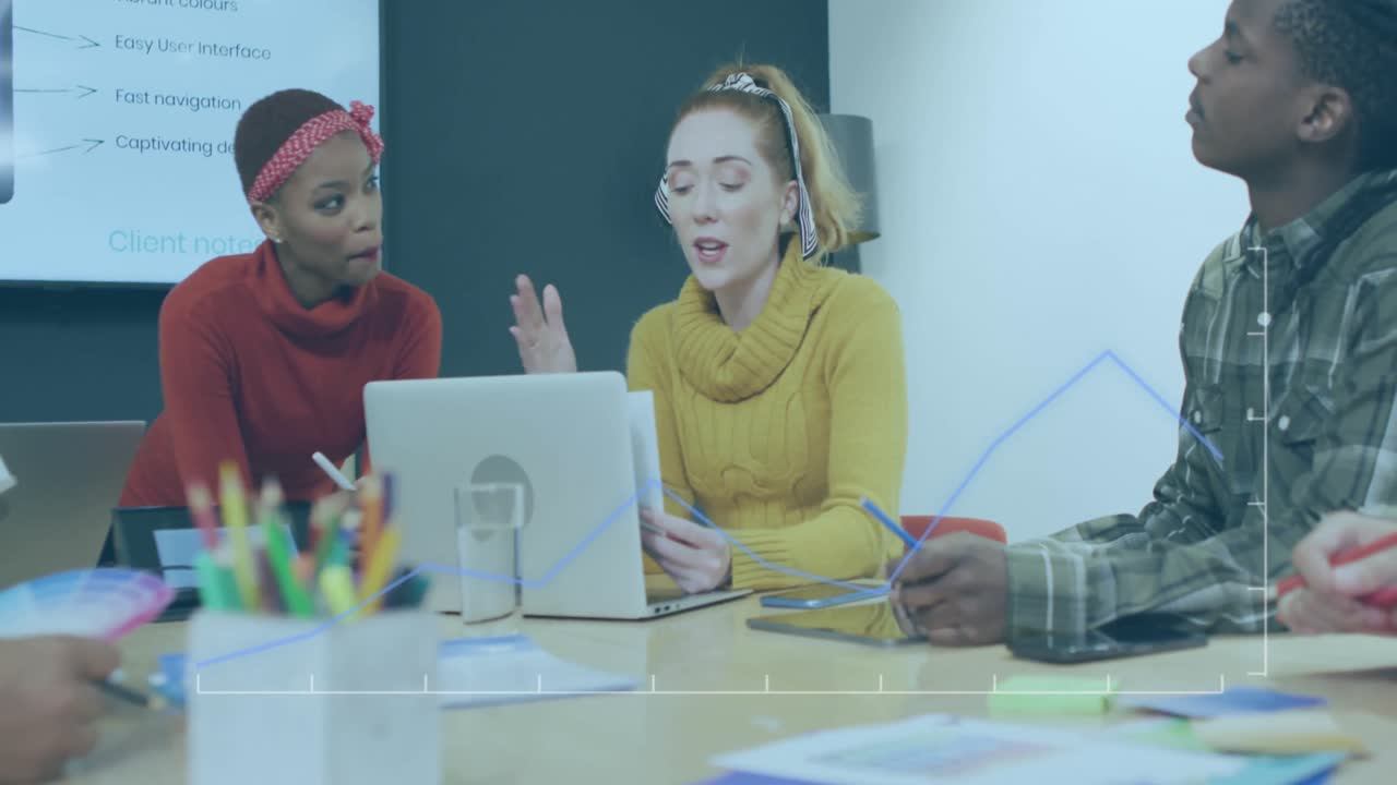 Animation of data processing over diverse business people in office