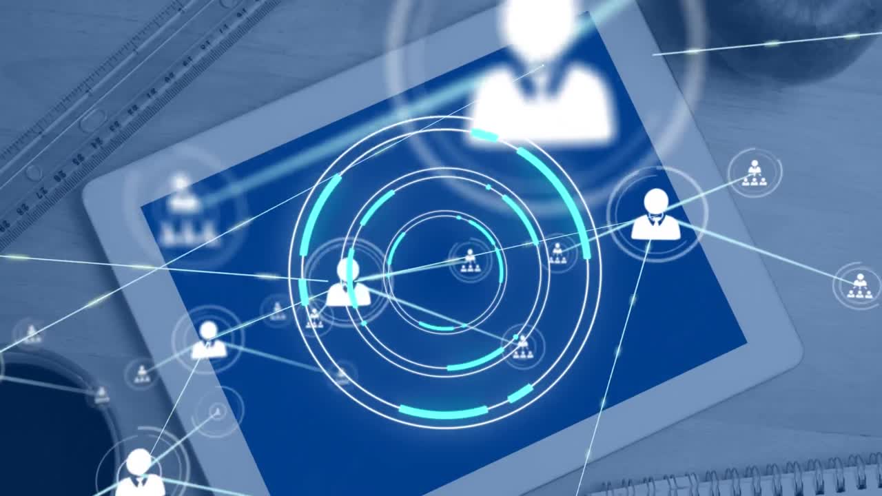 animación de la red de conexiones con iconos y escaneo de alcance sobre la tableta