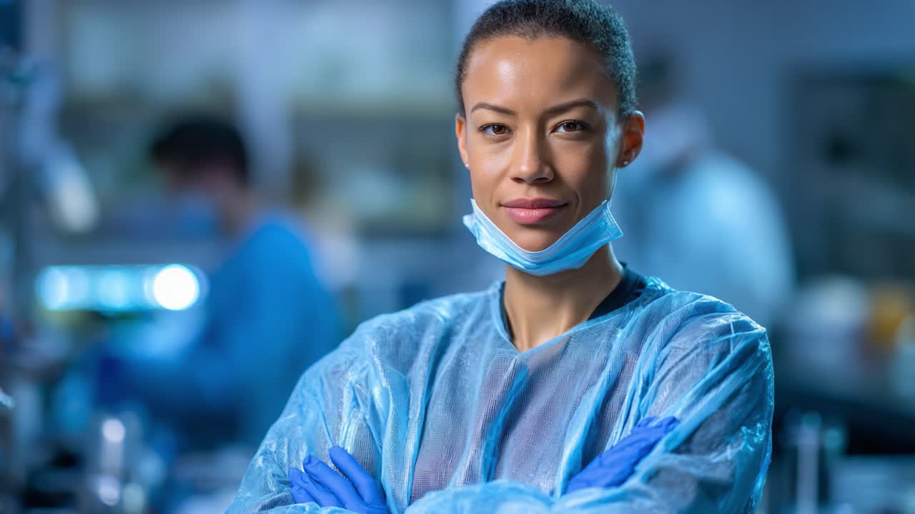 Profissional médico focado usando equipamento de proteção com um sorriso confiante em um laboratório, envolvido em atividades essenciais de saúde e pesquisa