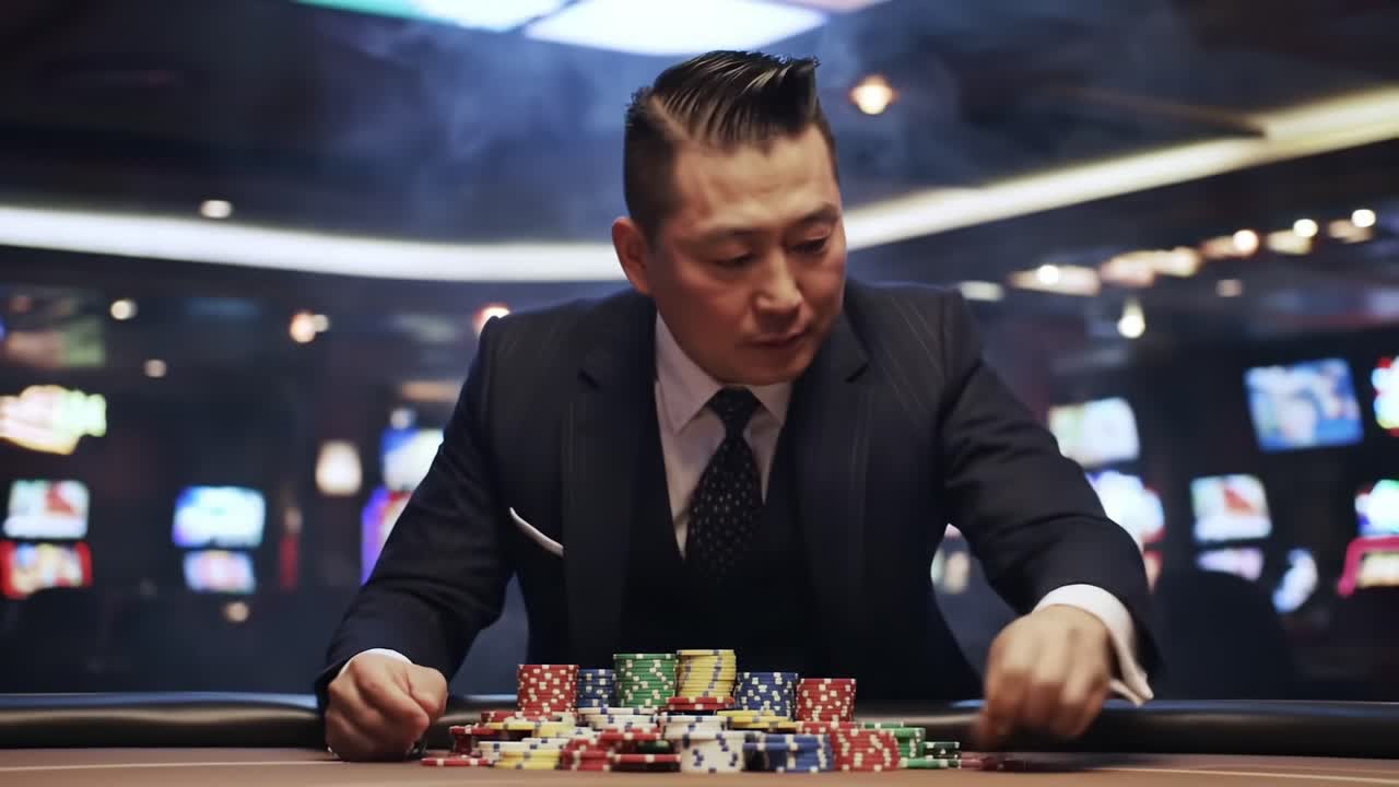 Intense Focus at the Poker Table: A Skilled Player Strategically Manipulating Chips in a High-Stakes Casino Environment