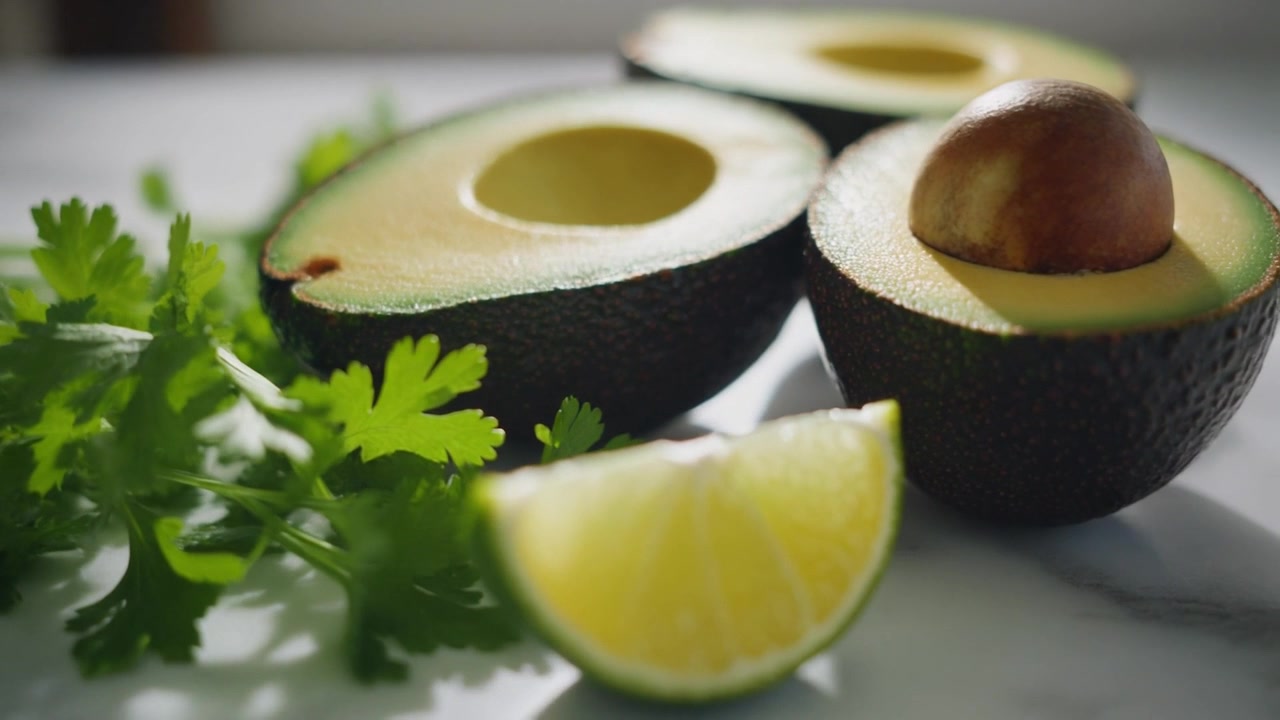 Mermer Yüzeyde Limon ve Kişnişli Taze Yarım Avokadolar