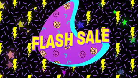 Animation-Des-Flash-Sale-Textes-Mit-Blitzen-Und-Bunten-Sternen-Auf-Schwarz