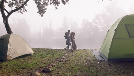 Camping,-hiking-and-couple-in-nature-walking