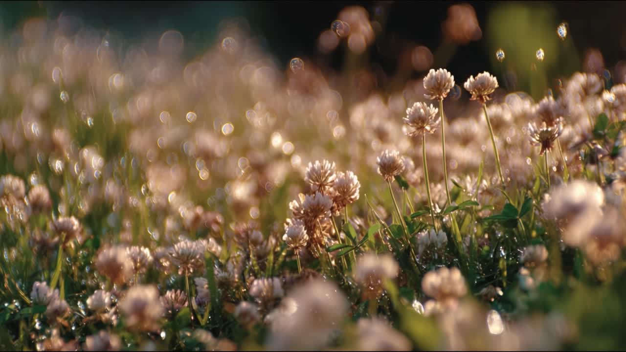 A Beautiful Display of Dew-Kissed Wildflowers Across a Sunlit Meadow, Capturing the Essence of Spring's Natural Beauty and Serene Atmosphere