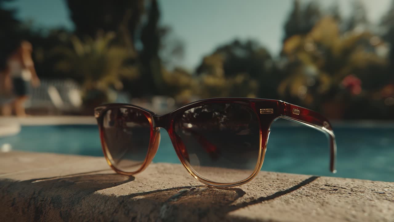 Elegant Sunglasses Resting by a Scenic Poolside, Capturing the Essence of Summer Vibes and Sunny Relaxation in a Luxurious Outdoor Setting