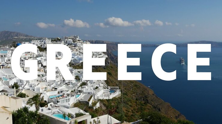 Drone Shot Of Island Coastline With Ocean Overlaid With Animated Graphic Spelling Out Greece