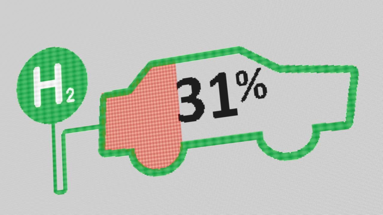 Car shape with Hydrogen filling indicator on screen. Green Hydrogen concept
