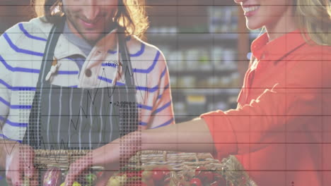 animación de gráficos sobre personas que compran productos frescos en el mercado