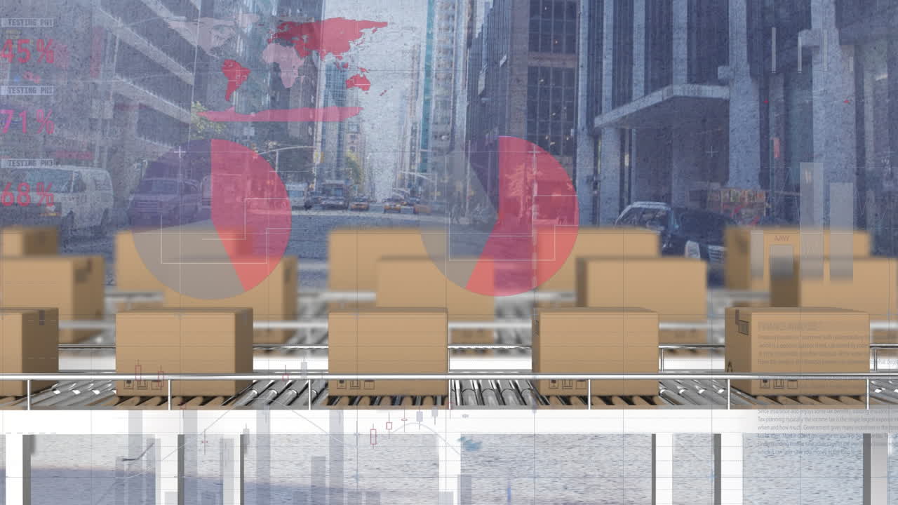 анимация обработки финансовых данных через коробки на конвейерных лентах и городском пейзаже