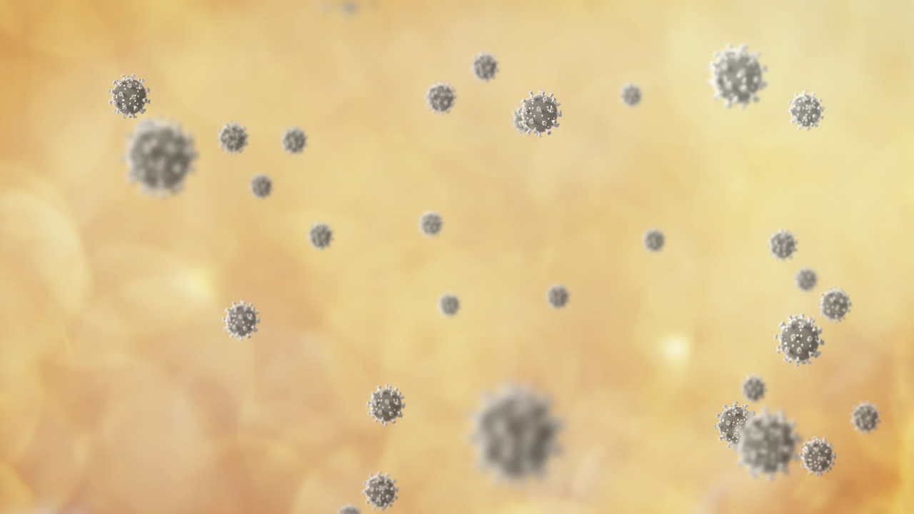 백그라운드에서 노란색 연기 구름 위에 떠다니는 코로나19 세포의 애니메이션