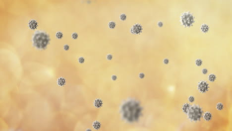 animation of covid 19 cells floating on yellow clouds of smoke in background