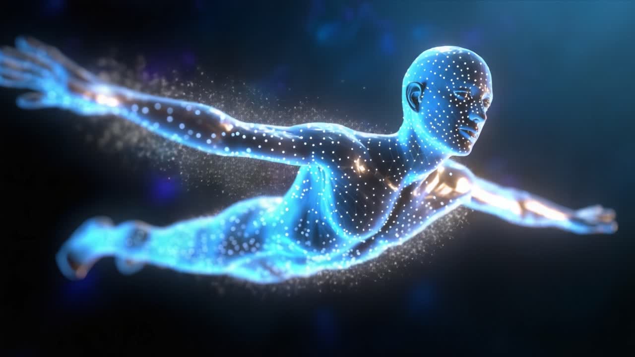 A surreal digital depiction of a luminous figure gracefully soaring through a vibrant space, showcasing intricate details and dynamic movement in an ethereal atmosphere