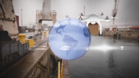 animación de la red de conexiones a través de drones con paquetes a través de astilleros