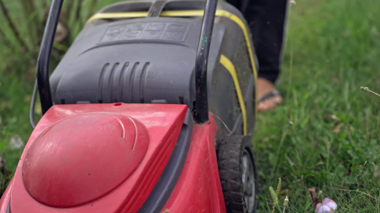 Lawn mower cutting the grass. Gardening activity. Gardener works with red electric mower in summer.