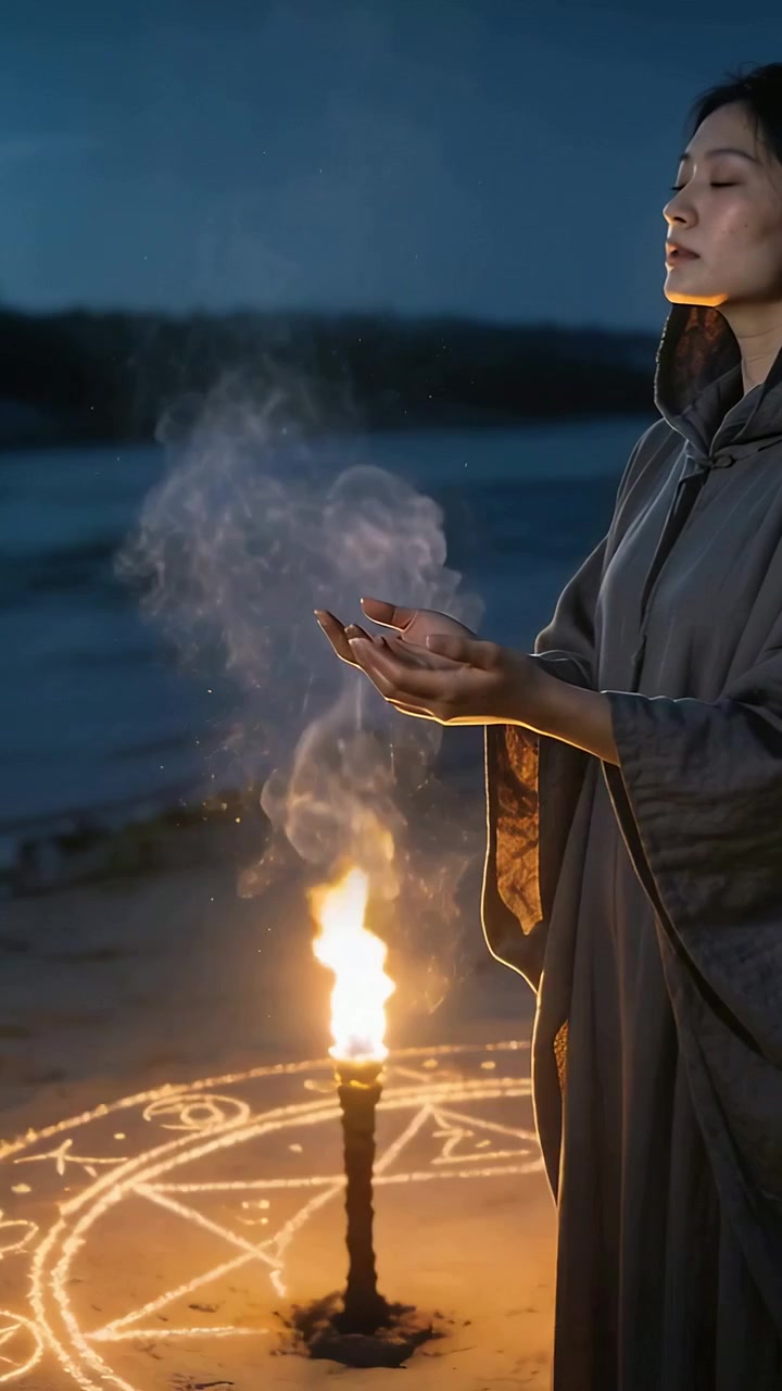 Vertikal video: Fakkel lokker kvinde i hættekåbe, der udfører ritual over ring ved havet, røg stiger op, plads til tekst