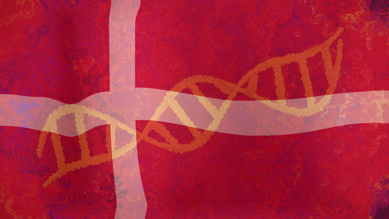 DNA strand overlay on Danish flag with textured red animation background