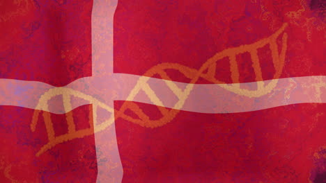 dna strand overlay on danish flag with textured red animation background