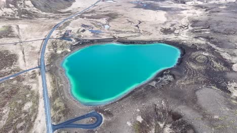 a stunning teal lake in iceland, encircled by brown rocky ground and green grass, takes center stage in this breathtaking drone shot