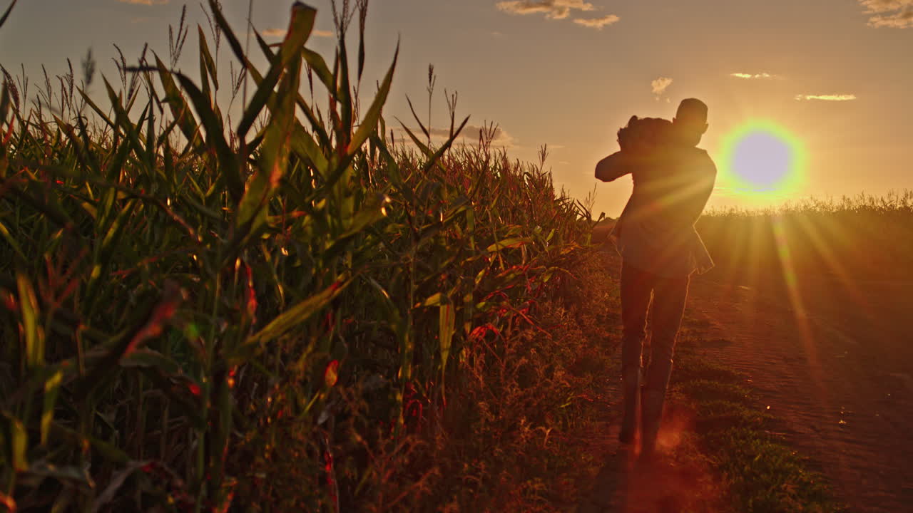 padre e hijo al atardecer caminando por el campo de maíz