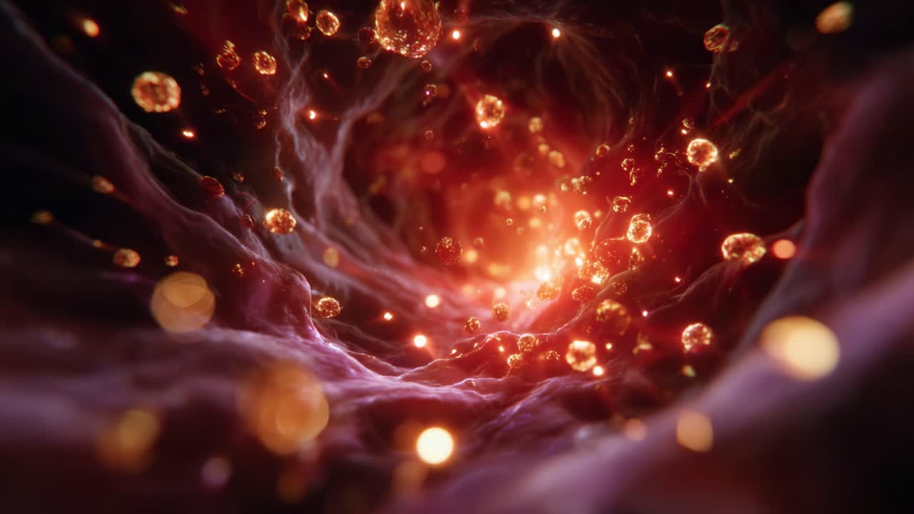 Un viaggio ipnotico attraverso un mondo microscopico dinamico, ricco di particelle vibranti ed energia vorticosa, che mette in mostra la bellezza degli elementi invisibili in gioco