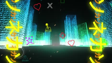 Animation-Von-Gaming-Symbolen-über-Der-Digitalen-Stadt
