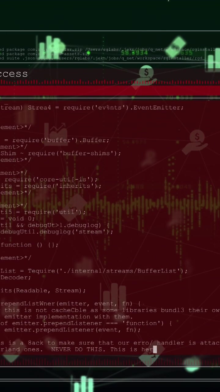 Animation of digital screen with programming languages over multiple icons connected with lines