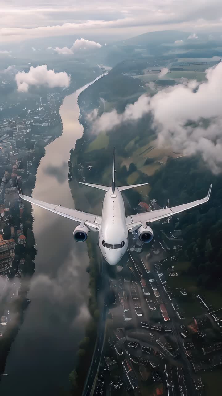 Frontalt billede af et fly, der flyver mod en skyet himmel. Rejsekoncept