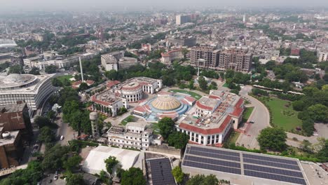 aerial establishing shot of punjab assembly building. provincial legislative office on mall road in downtown lahore, pakistan