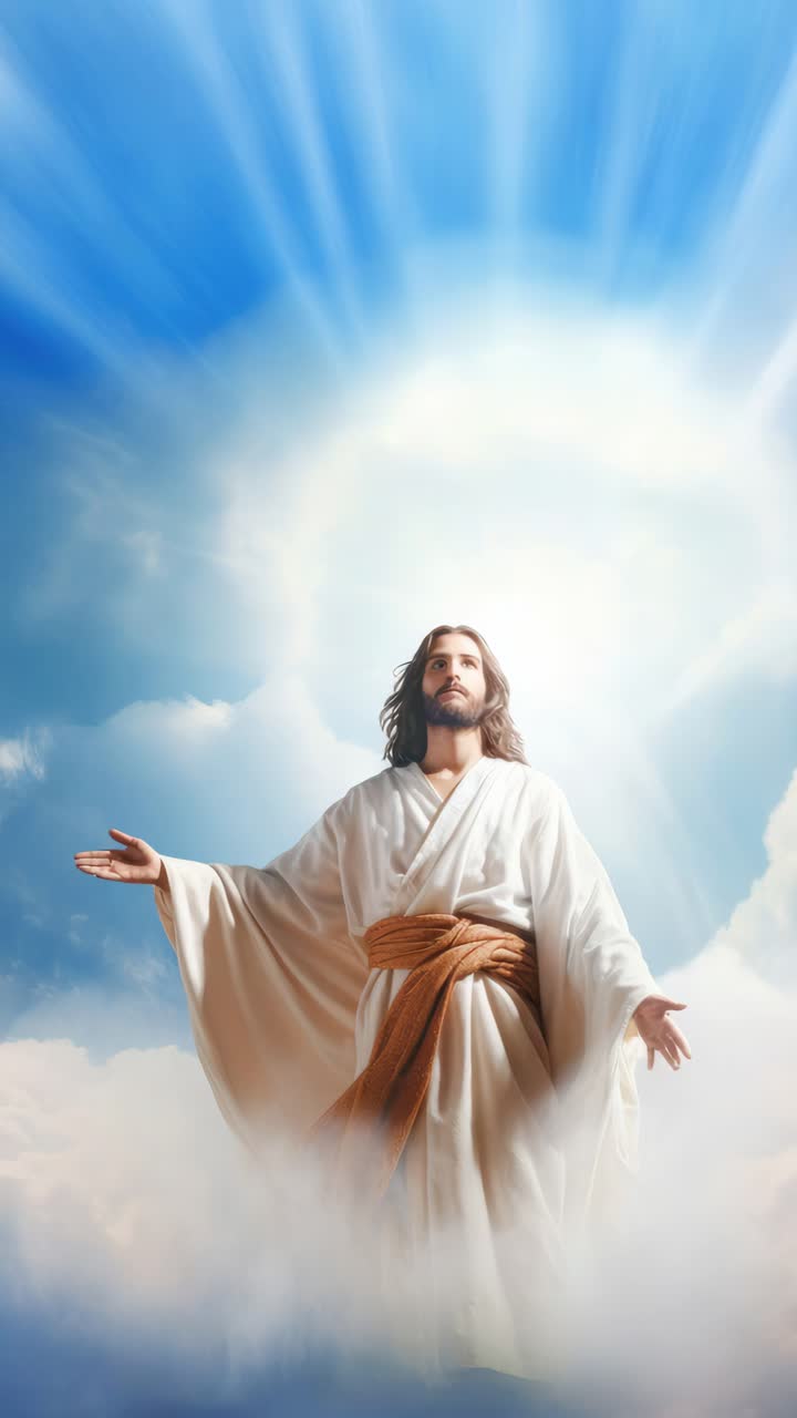 A divine figure in white robes with open arms, viewed from a low angle against a radiant sky