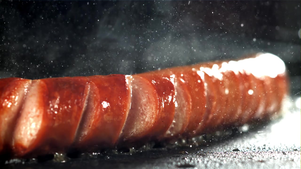 Nærbilde av en pølse som steker og freser på en varm panne