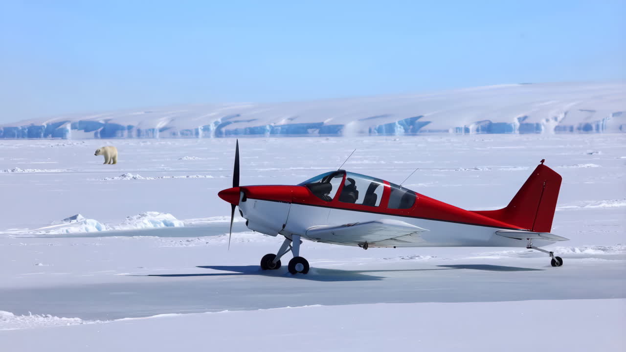 Piccolo aereo a elica e orso polare su un paesaggio artico ghiacciato