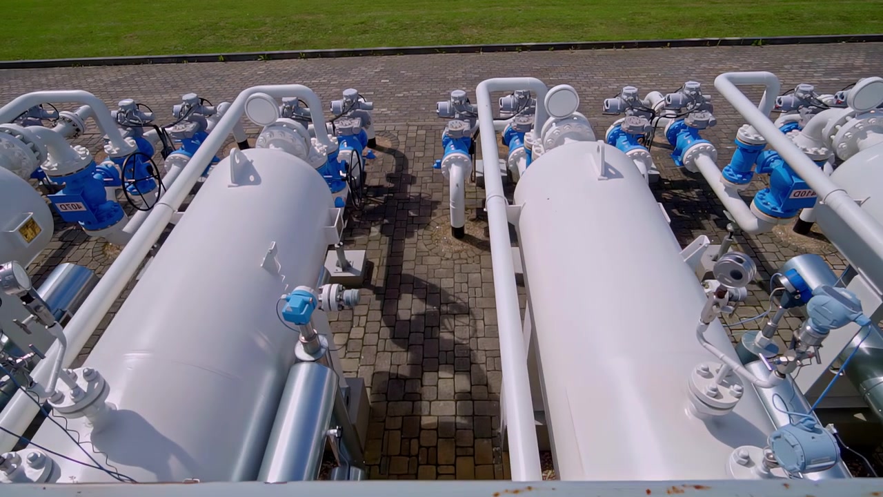 Large white tanks and pipes at an industrial gas processing plant
