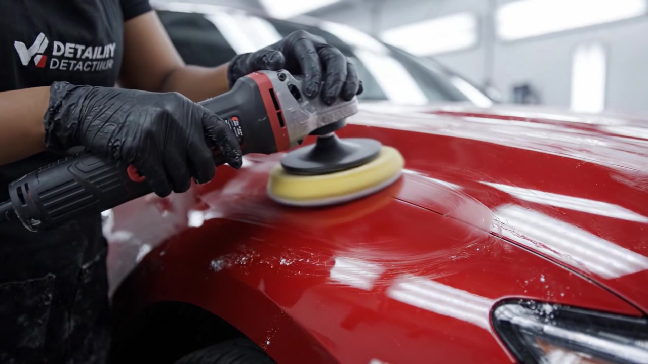 Polimento e detalhamento profissional do acabamento de um carro vermelho para restaurar seu brilho e lustro em um ambiente de oficina automotiva.