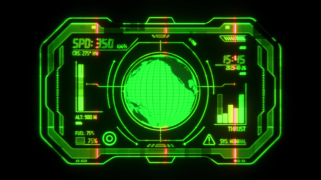 Futuristic Green Digital HUD Interface with Earth Globe and Telemetry