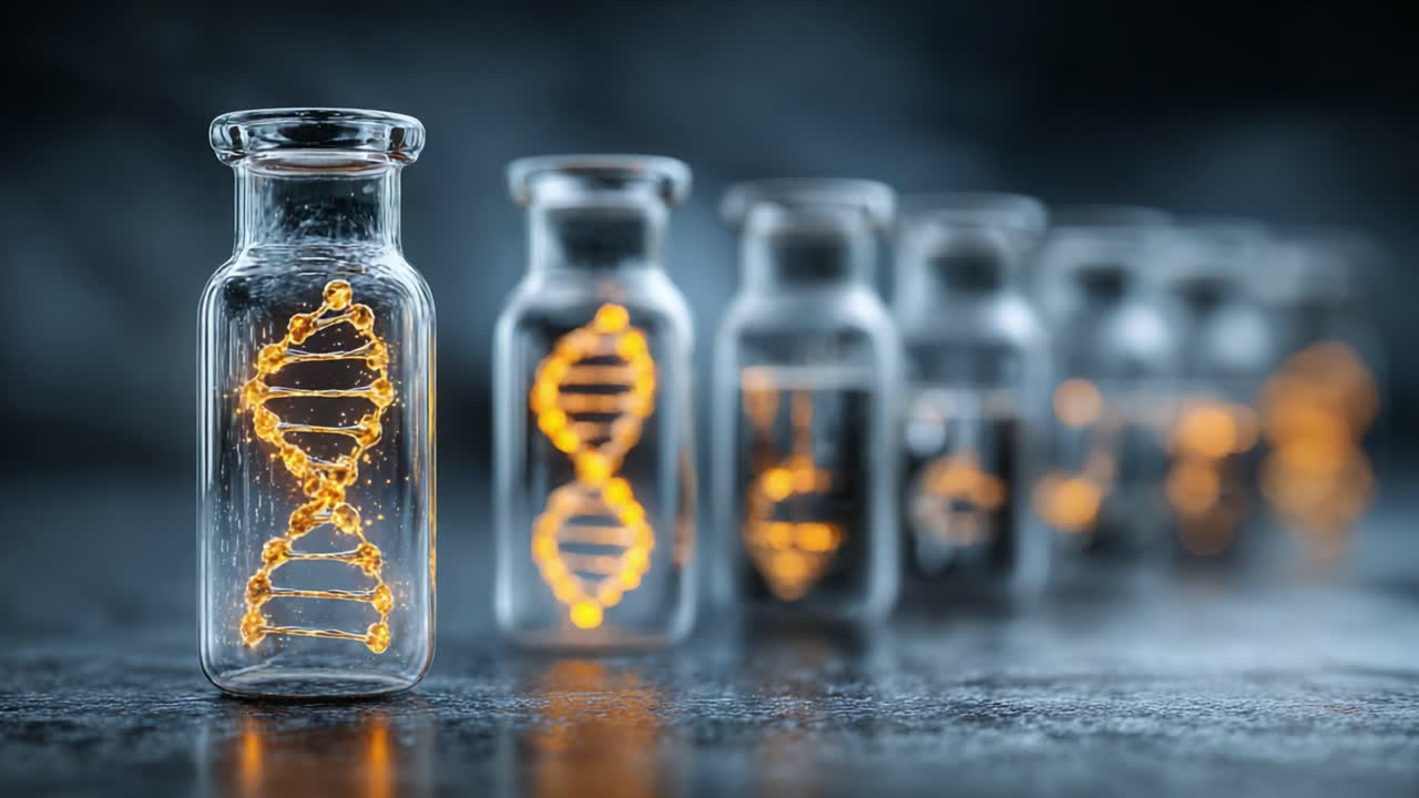 Fiale accattivanti che mostrano filamenti di DNA luminosi, evidenziando l'essenza delle scienze della vita, della genetica e della biologia molecolare attraverso affascinanti contenitori di vetro e design illuminati.