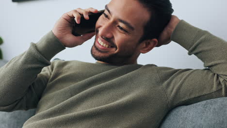 Man,-sofa-and-phone-call-in-living-room-talking