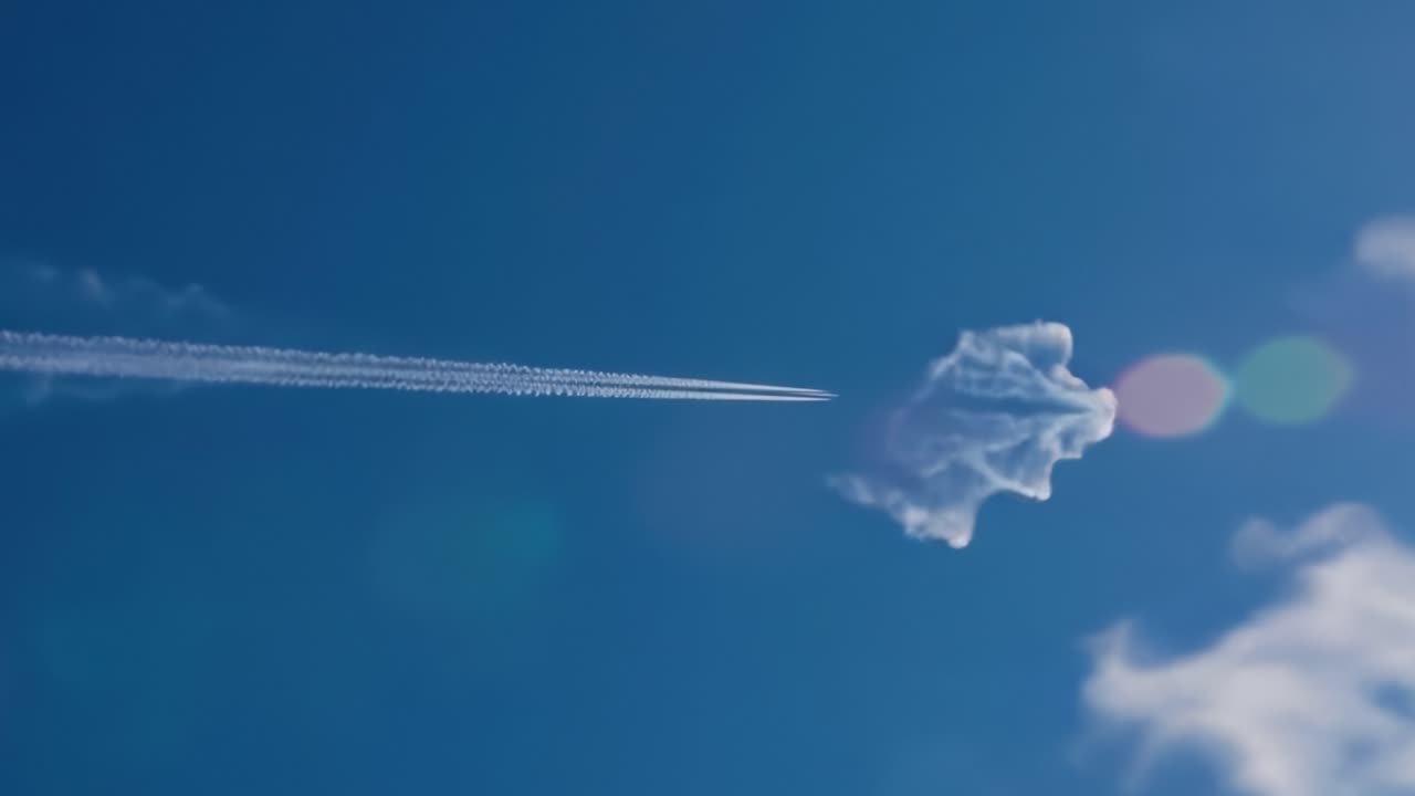 A captivating view of an aircraft flying high above, leaving behind a striking contrail that forms intriguing patterns against a clear blue sky filled with wispy clouds
