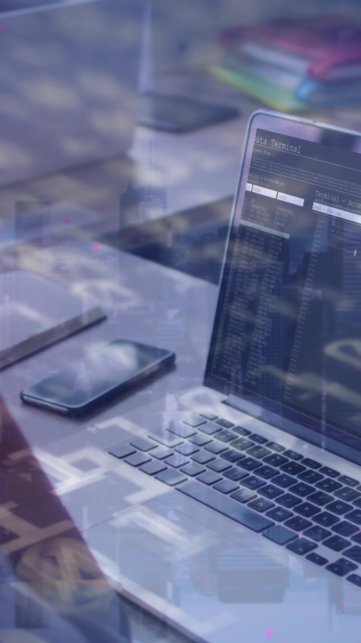 Animation of data processing over african american businesswoman using laptop
