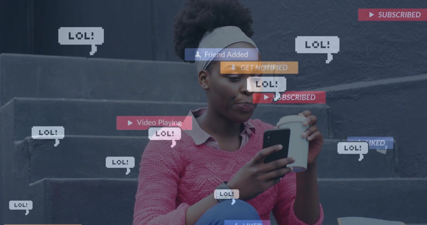 Young Woman Using Smartphone with Social Media Notifications Overlay