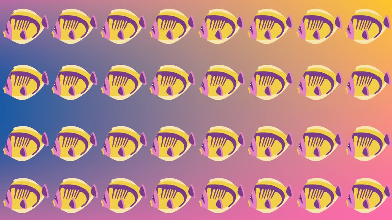 다채로운 배경 위에 여러 개의 물고기의 애니메이션