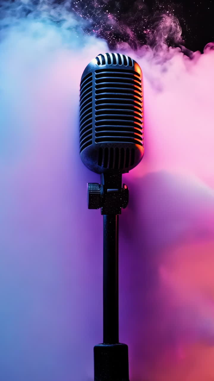 A microphone is in the middle of a colorful explosion. The microphone is black and silver, and it is surrounded by a cloud of colorful smoke. Concept of excitement and energy